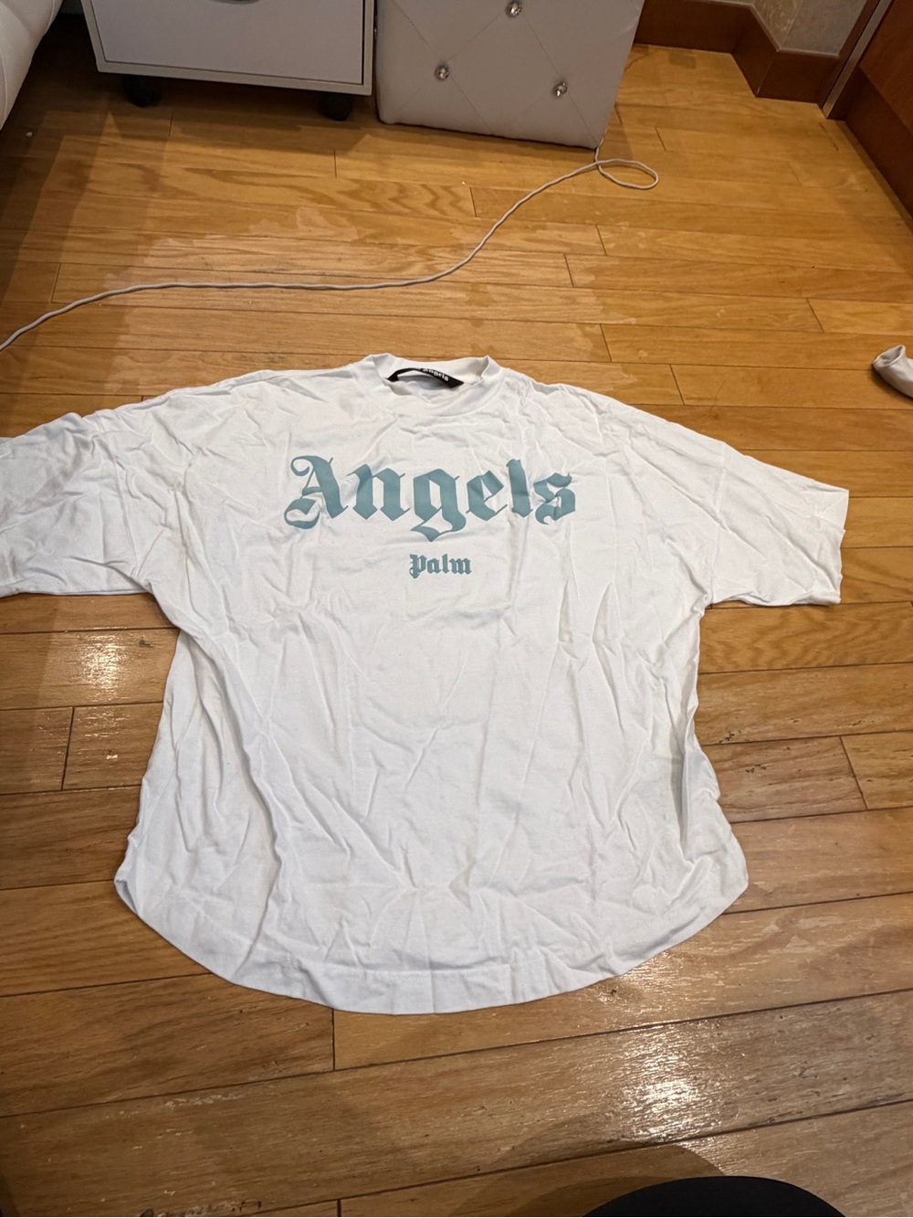 Palm Angels White Tee with Pale Blue 'Angels' Logo Sz S